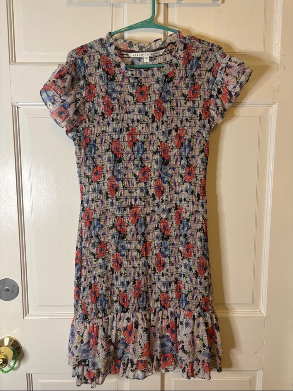 Veronica Beard Floral Smocked Ruffle Hem Dress in Red and Blue flowers